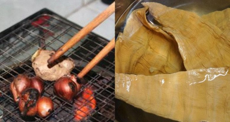 Nướng gừng và hành khô để tăng hương vị cho canh vịt nấu măng