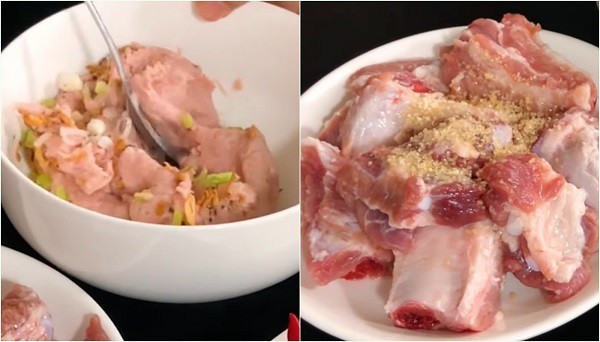 Ướp sườn non với gia vị đậm đà trước khi nấu bún sườn chua dọc mùng