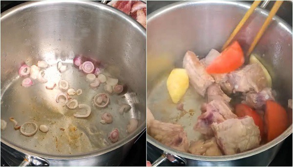 Phi thơm hành tím, xào săn sườn và cà chua tạo nền cho nước dùng bún sườn chua dọc mùng
