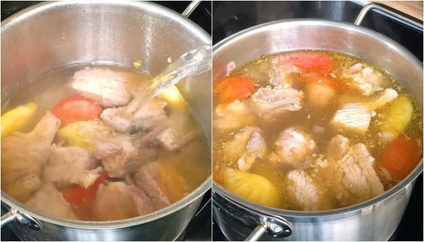 Nước dùng bún sườn chua dọc mùng đang được ninh trên bếp, đảm bảo vị ngọt thanh