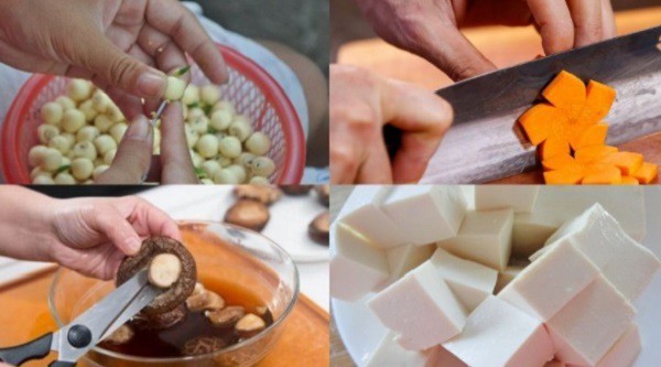 Hạt sen, cà rốt, nấm và đậu hũ non đã sơ chế