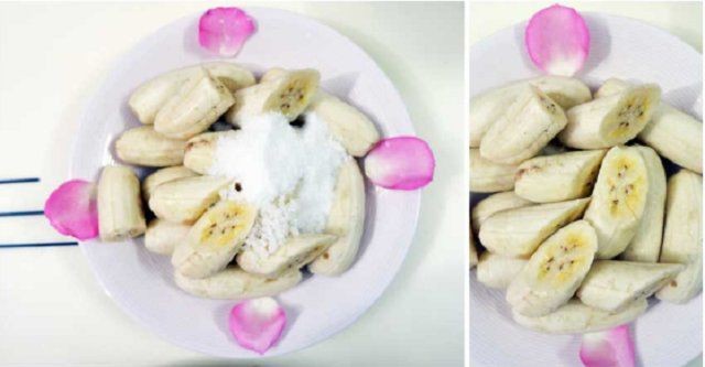 Ướp chuối đã lột vỏ với đường và muối để chuối thấm vị, chuẩn bị nấu chè