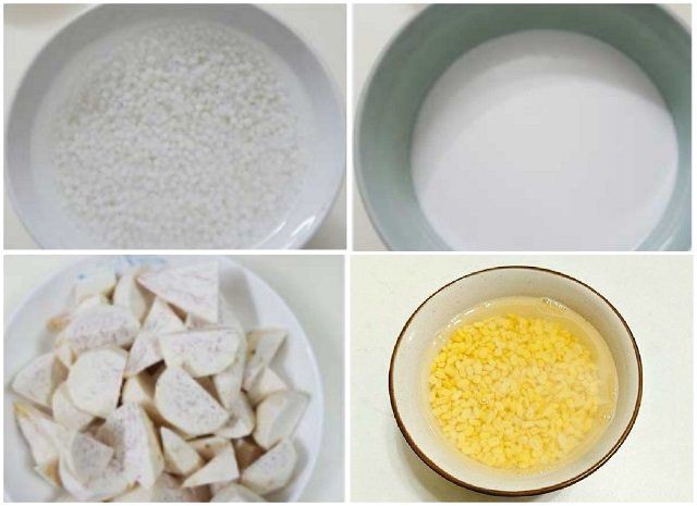 Chuối, khoai sọ, đậu xanh, bột báng đã sơ chế và sẵn sàng để nấu chè chuối