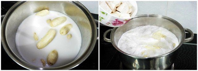 Nồi chè chuối đậu xanh đang được đun sôi trên bếp với nước cốt dừa