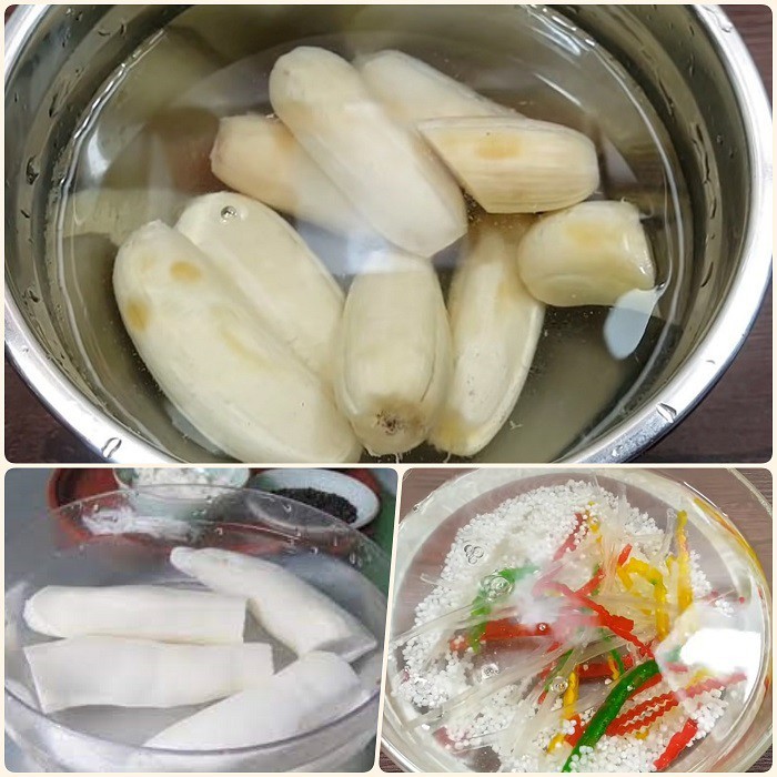 Sơ chế chuối và sắn, ngâm trong nước muối loãng trước khi nấu chè chuối chưng
