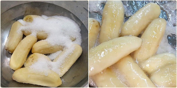 Xào chuối đã ướp đường trong nồi trên lửa nhỏ để chuối thấm vị