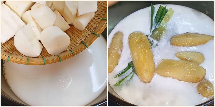Nấu sắn và lá dứa trong nước cốt dừa, sau đó cho chuối đã xào vào nồi chè