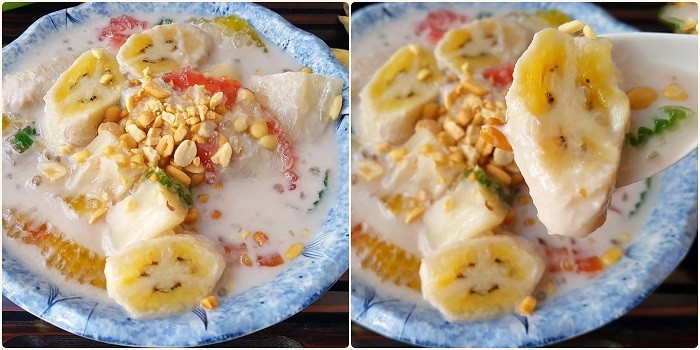 Bát chè chuối chưng thành phẩm với chuối, sắn, bột báng, rắc lạc rang