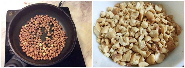 Rang chín đậu phộng và giã dập để rắc lên món chè chuối