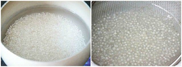 Ngâm bột báng trong nước lạnh để bột nở và mềm trước khi nấu chè chuối