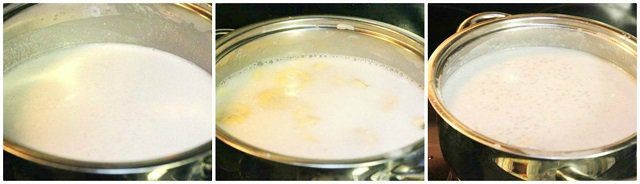 Nồi chè chuối bột báng đang sôi nhẹ trên bếp với nước cốt dừa béo ngậy