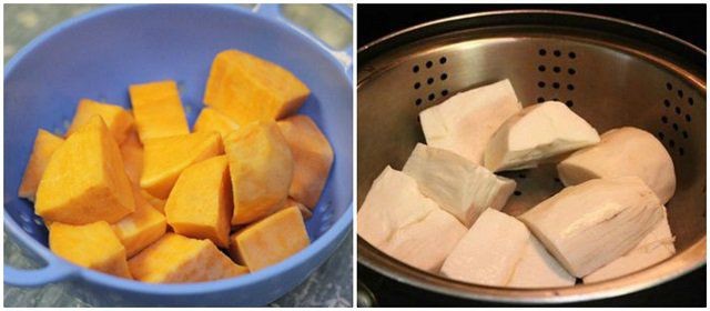 Các nguyên liệu đã sơ chế gồm chuối, khoai lang và khoai mì để nấu chè chuối khoai lang