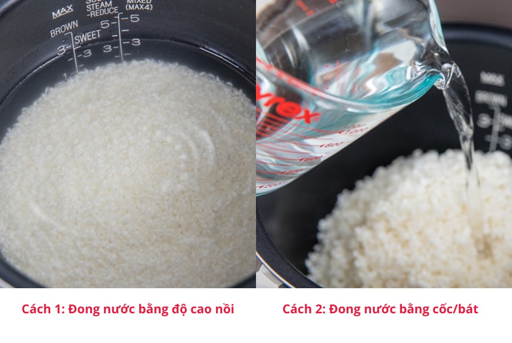 Hướng dẫn đong nước để nấu cơm gà bằng nồi cơm điện.