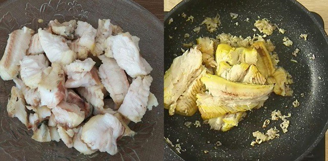 Thịt cá lóc đã lọc xương đang được xào nhanh với sả, hành và tỏi băm trên chảo, tạo hương thơm hấp dẫn cho món bún cá