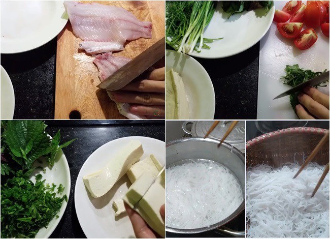 Các nguyên liệu phụ như đậu hũ, cà chua, hành, thì là, tía tô đã được sơ chế sẵn sàng để hoàn thiện món bún cá Hà Nội