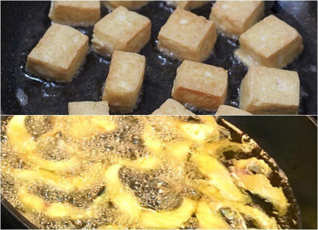 Cá rô phi đã ướp gia vị và đậu hũ non đang được chiên vàng giòn trên chảo, tạo lớp vỏ hấp dẫn cho món bún cá Hà Nội
