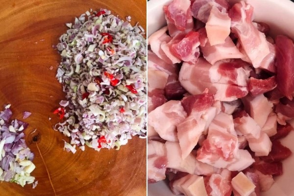 Sơ chế, cắt lát thịt ba chỉ và băm nhuyễn hành tím, ớt cho món thịt rang cháy cạnh