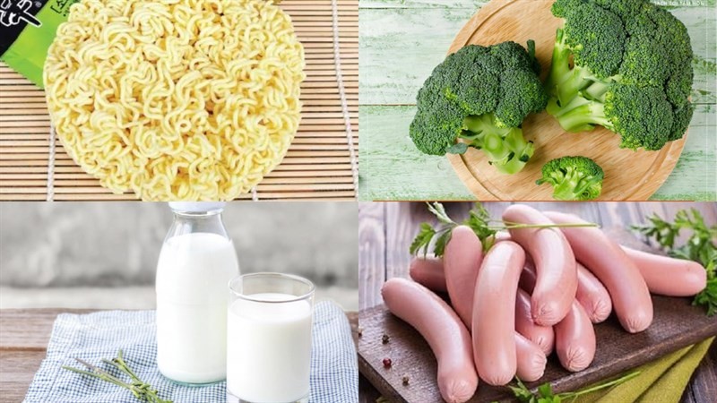 Collage các nguyên liệu chính như mì gói Hàn Quốc, nấm, bông cải cho món mì cay sữa tươi, gợi ý cho cách nấu mì tươi ngon hấp dẫn