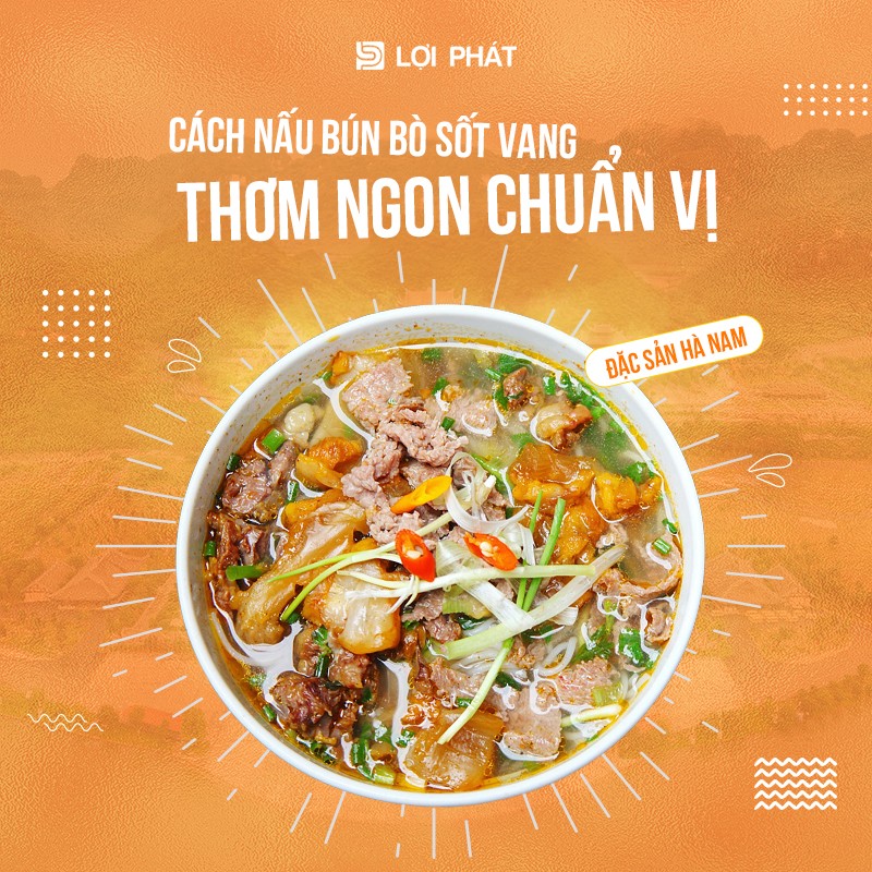 Bát bún bò sốt vang nóng hổi hấp dẫn với thịt bò mềm và nước dùng sánh mịn