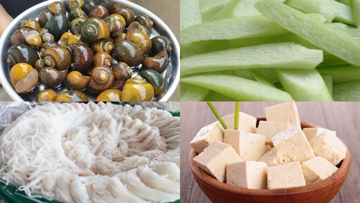 Các nguyên liệu tươi ngon để nấu bún ốc dọc mùng: ốc, dọc mùng, cà chua, đậu phụ