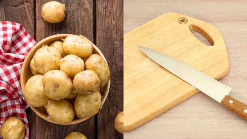 Nguyên liệu và dụng cụ cần có để cắt khoai tây hạt lựu, phục vụ món canh