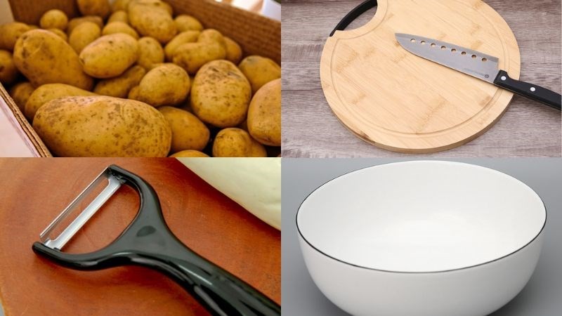 Dụng cụ và nguyên liệu cần thiết để cắt khoai tây khối vuông nấu canh