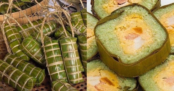 Thành phẩm bánh tét nhân đậu xanh thịt ba chỉ sau khi luộc chín, cắt miếng đẹp mắt