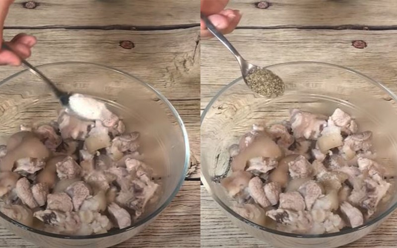 Ướp thịt chân giò với gia vị để tăng hương vị cho món đông chân giò