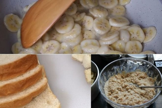 Các bước trộn chuối thái lát và bánh mì sanwich xé vụn với nước cốt dừa