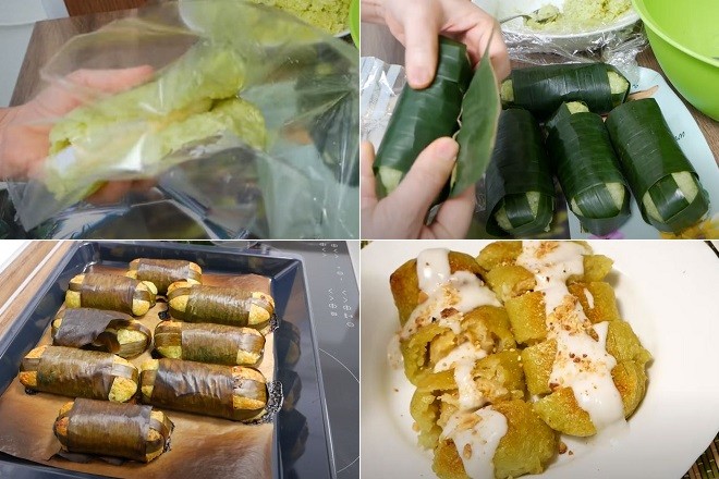 Các bước làm bánh chuối nếp nướng lá dứa màu xanh ăn kèm nước cốt dừa