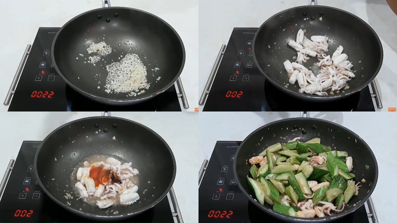 Chảo mực xào dưa leo đang được đảo đều trên bếp lửa lớn, đảm bảo độ giòn và thấm vị