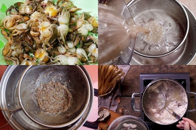Quá trình lọc cua đồng kỹ lưỡng để có riêu cua mịn trong cách nấu bánh đa cua rau muống