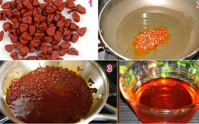 Tạo màu dầu điều đẹp mắt cho nước dùng bún bò Huế