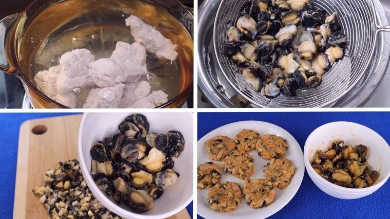 Chuẩn bị thịt ốc và chả ốc cho món bún nóng hổi