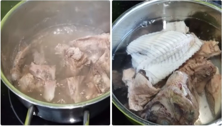 Chần xương heo và đầu cá trước khi ninh nước dùng bún riêu cá