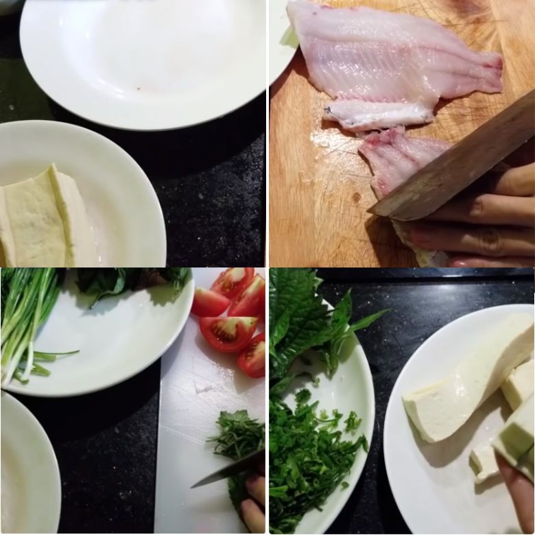 Sơ chế các nguyên liệu để chuẩn bị cho món bún riêu cá