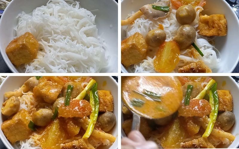Tô bún riêu chay sữa đậu nành đã hoàn thành, sẵn sàng thưởng thức cùng rau sống