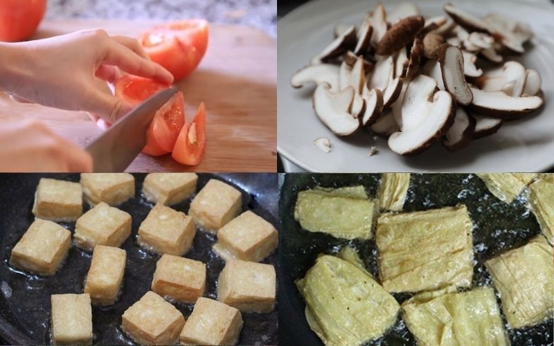 Sơ chế nguyên liệu: Cắt cà chua, nấm hương và chiên vàng đậu hũ bi, tàu hũ ky cho bún riêu chay