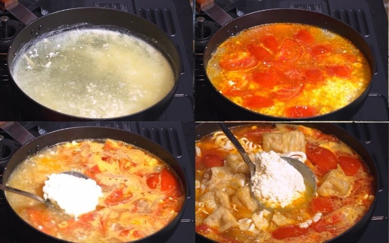 Hoàn thiện nước dùng bún riêu chay bằng cách thêm riêu, nấm hương, đậu hũ bi và tàu hũ ky