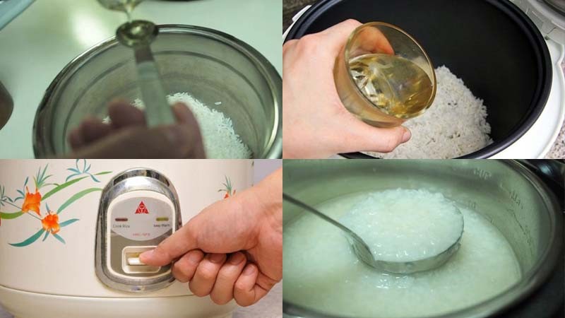 Gạo đã trộn sẵn sàng cho quy trình nấu cháo thịt bằm bằng nồi cơm điện