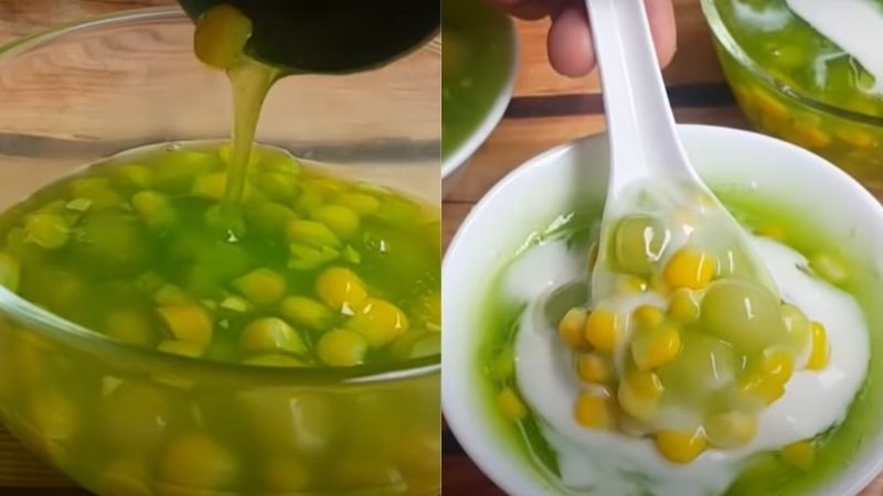 Món chè bắp lá dứa được múc ra chén và chan thêm nước cốt dừa