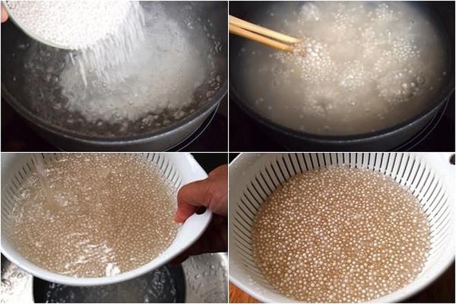 Hạt lựu và bột báng luộc tới khi ngả màu trong thì dừng lại