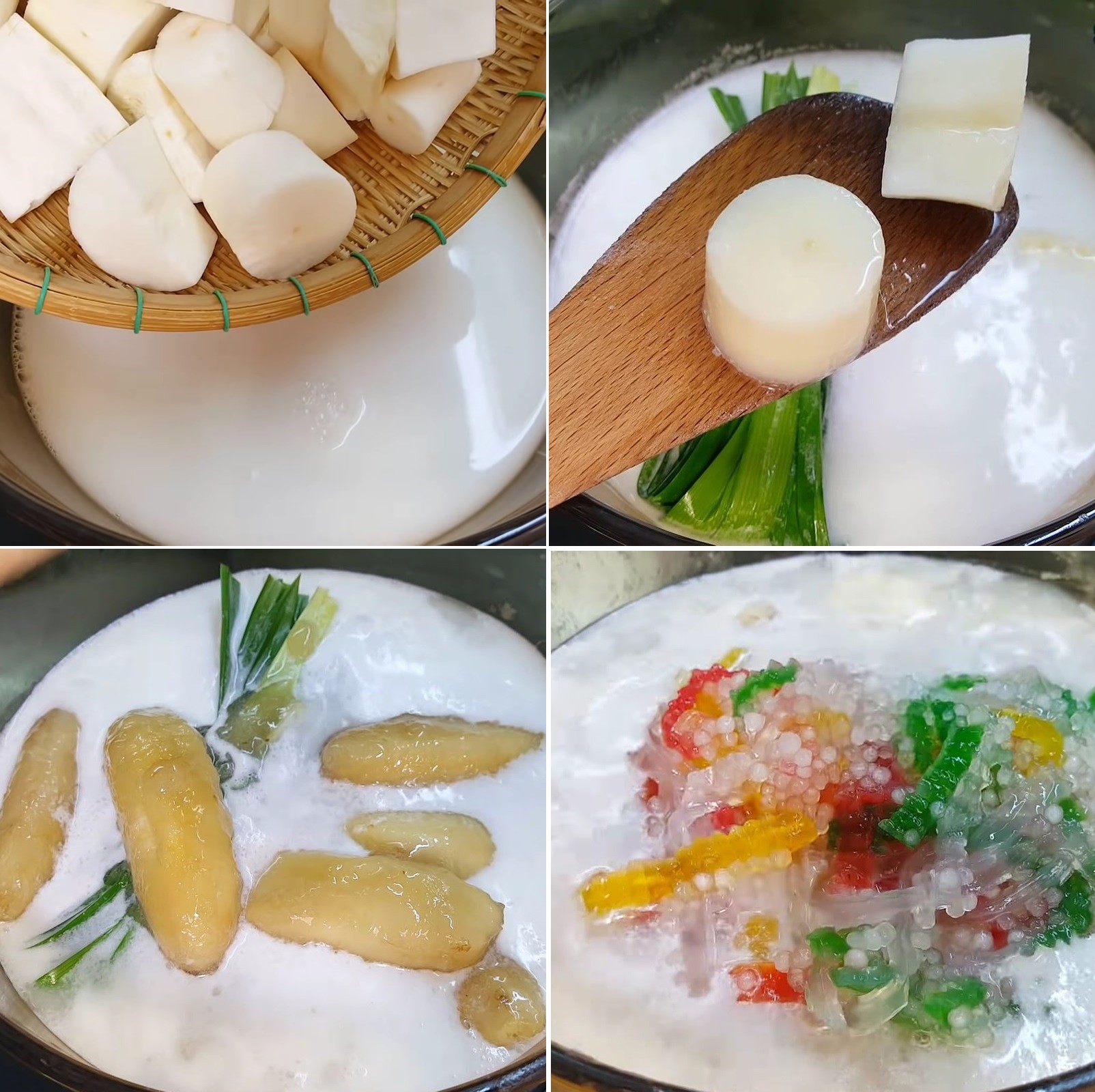 Nồi chè chuối khoai mì đang được nấu trên bếp, với nước cốt dừa và lá dứa dậy mùi