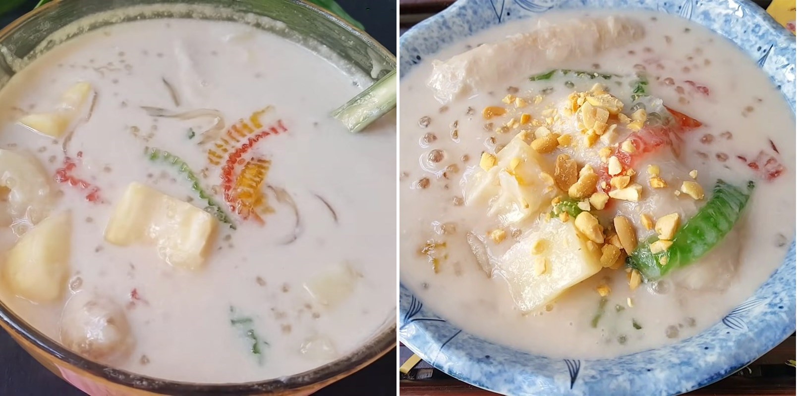 Chén chè chuối khoai mì hoàn chỉnh đã được múc ra và rắc đậu phộng rang