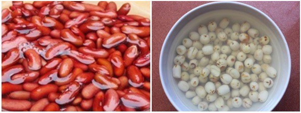 Đậu đỏ và hạt sen được ngâm riêng rẽ để đảm bảo độ mềm