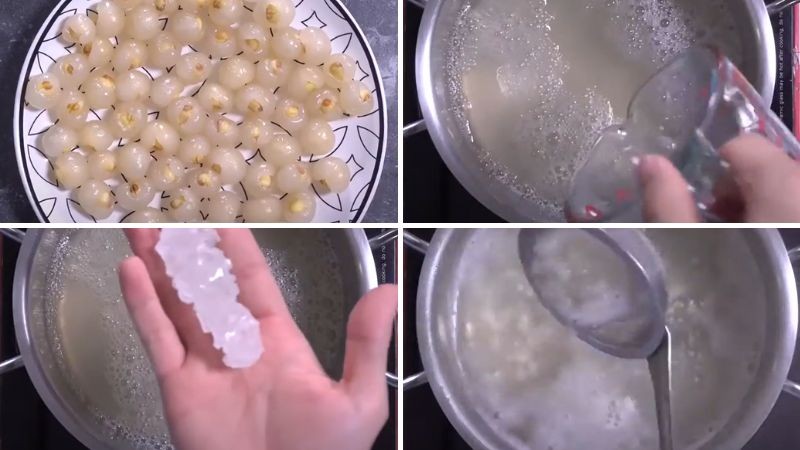 Công đoạn nấu chè sen nhãn dừa với nước dừa tươi và đường phèn