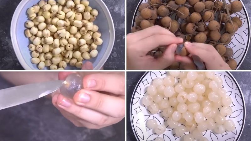 Sơ chế hạt sen, nhãn và cơm dừa tươi để chuẩn bị nấu chè sen nhãn dừa
