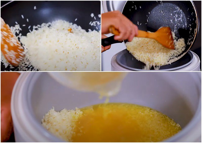 Gạo tẻ đã rang thơm với mỡ gà trong chảo, sẵn sàng cho vào nồi nấu cơm gà Hải Nam
