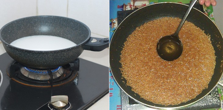 Đun nước cốt dừa trên chảo cho cách nấu dầu dừa đơn giản
