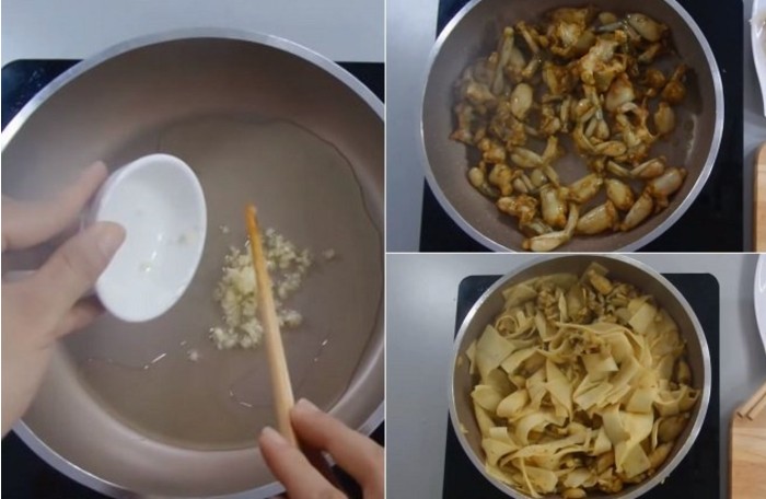 Thịt ếch và măng chua đang được xào trên chảo nóng, hòa quyện với các loại gia vị, tạo nên hương thơm hấp dẫn của món ếch xào măng chua đậm đà.